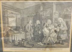 AFTER W HOGARTH "Marriage a-la-mode Plate III" and "Plate IV, V and VI", black and white engravings,