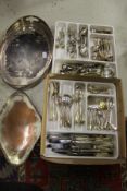 Two boxes of assorted plated and silver wares, to include cutlery, coffee and hot water jugs,