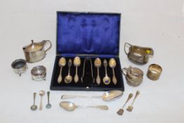 A selection of small silver wares to include cased six piece teaspoon set with tongs,