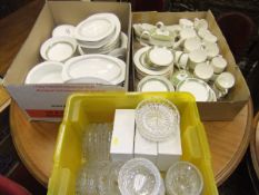 A Royal Doulton "Rondelay" pattern dinner service and a box containing various glassware, vase,