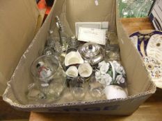A box of various china and glassware including Doulton "Falstaff" character jug,