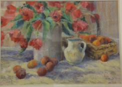JANE LAMPARD "Still life study of tulips, fruit and jug", pastel, signed lower right,