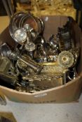 A box of assorted brass ware, to include a letter rack, clock, etc,