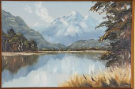 PETER LONG "Lake Mapourika Westlands New Zealand", mountainous lake landscape, oil on board,
