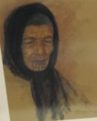 KRISTEN ZAMBUCKA "Old Maori Woman", a head and shoulders study, charcoal pastel,