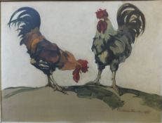 MICHAEL O'ROURKE "Two cockerels in a landscape", oil on board,