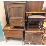 A walnut cased music centre with two speakers, a stained pine fire surround,