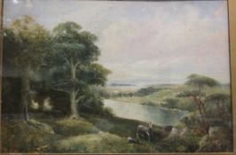 J M ASH "Figures at rest in expansive lakeland landscape", oil,
