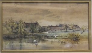 EDWARD FAHEY "Duck on pond with farmhouse in background", watercolour,