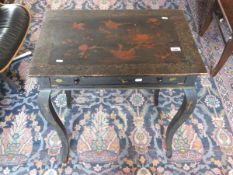 An early 20th Century chinoiserie decorated occasional table, the plain top above a single drawer,