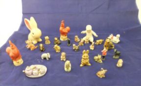 Two boxes and a tin of various Wade whimsies, other miniature animal and other figures,