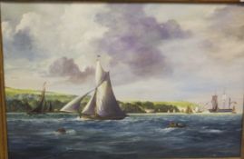 E BURROWS "Sailing ships at Cowes", oil on canvas,