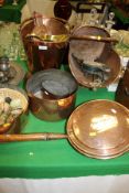 A copper coal bucket, a copper coal scuttle, copper and brass jug,