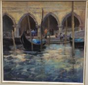 JANE LAMPARD "Resting gondolas", a study of Venice with gondolas and figures, oil on board,