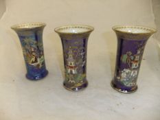 A pair of Carlton Ware cylindrical vases with flared rims "China Land" on a blue ground, No.