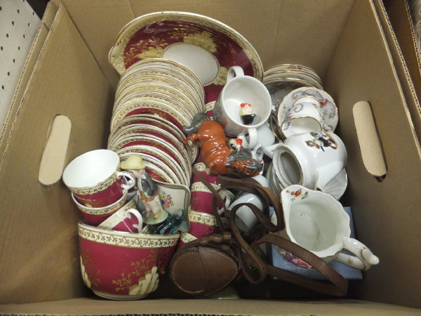 Six boxes of various decorative china, toys, including "shocked" rabbit, various puzzles,