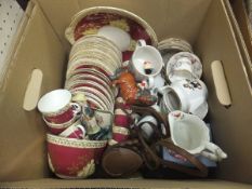 Six boxes of various decorative china, toys, including "shocked" rabbit, various puzzles,