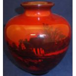 A Doulton flambé vase decorated with rural scene of riverside cottage by Charles Noake,