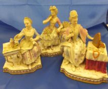 A collection of three 19th Century Meissen porcelain figure groups of ladies seated at a table