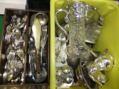 A box containing assorted plated wares to include a claret jug, various cruet sets, etc,