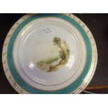 A collection of Continental porcelain cabinet plates decorated with rural scenes and with teal and