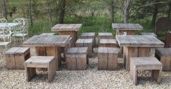 Four pine square top garden tables of simple construction,