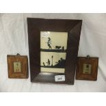 A silhouette of an elderly gentleman with a pig and another with a dog, in mahogany frame,