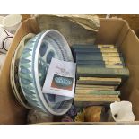 Two boxes of sundry glass and china including cellar pottery bowl, various books,