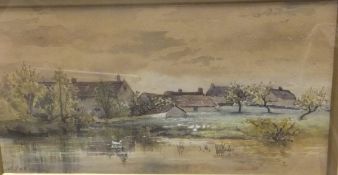 J FAHEY "Duck on pond with farmhouse in background", watercolour,