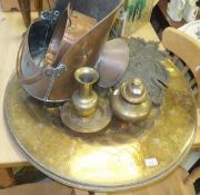 Two early 20th Century engraved and enamelled brass Benares type table tops,