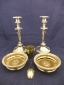 A collection of various plated ware to include a pair of coasters, a pair of candlesticks,