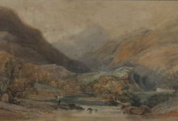 ANTHONY VAN DYKE COPLEY FIELDING "Fisherman by river with mountainous landscape beyond",