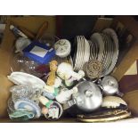 Two boxes of various china wares, tea wares, scrapbook,