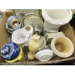Four boxes of miscellaneous china and other wares to include two Crown Staffordshire blanc-de-chine