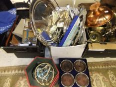 Two boxes of various plated and other metal wares, including cutlery, tray, etc, and two deed boxes,