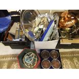 Two boxes of various plated and other metal wares, including cutlery, tray, etc, and two deed boxes,