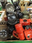 A collection of various cycle and other lamps to include a red painted GPO front and rear lamp,