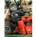 A collection of various cycle and other lamps to include a red painted GPO front and rear lamp,