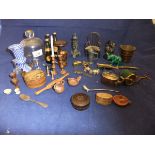 A collection of items to include bronze opium weight,