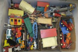 Two boxes of assorted toys to include Matchbox cars, lorries, etc,