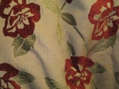 Two pairs of Montgomery curtains, the neutral ground set with red flowers and green foliage,