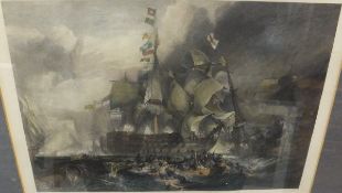 AFTER J M W TURNER "The Battle of Trafalgar", colour engraving by W.