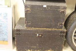 A Victorian studded faux leather covered trunk bearing label inscribed "F Batters High Street