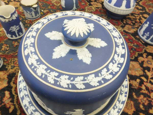 A collection of Wedgwood blue Jasper ware to include stilton dome and stand, biscuit barrel, - Image 2 of 5