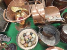 A copper coal bucket, a copper coal scuttle, copper and brass jug,