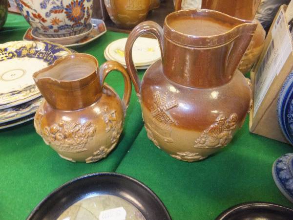 Three 19th Century stoneware harvest jugs CONDITION REPORTS All three have chips to - Image 5 of 10