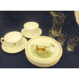 A Queensbury cup and saucer decorated with fishing flies and a small collection of glassware