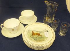 A Queensbury cup and saucer decorated with fishing flies and a small collection of glassware