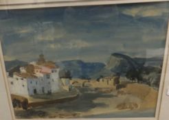 ROBIN DARWIN "Continental landscape with white painted houses in foreground", watercolour,