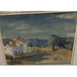 ROBIN DARWIN "Continental landscape with white painted houses in foreground", watercolour,